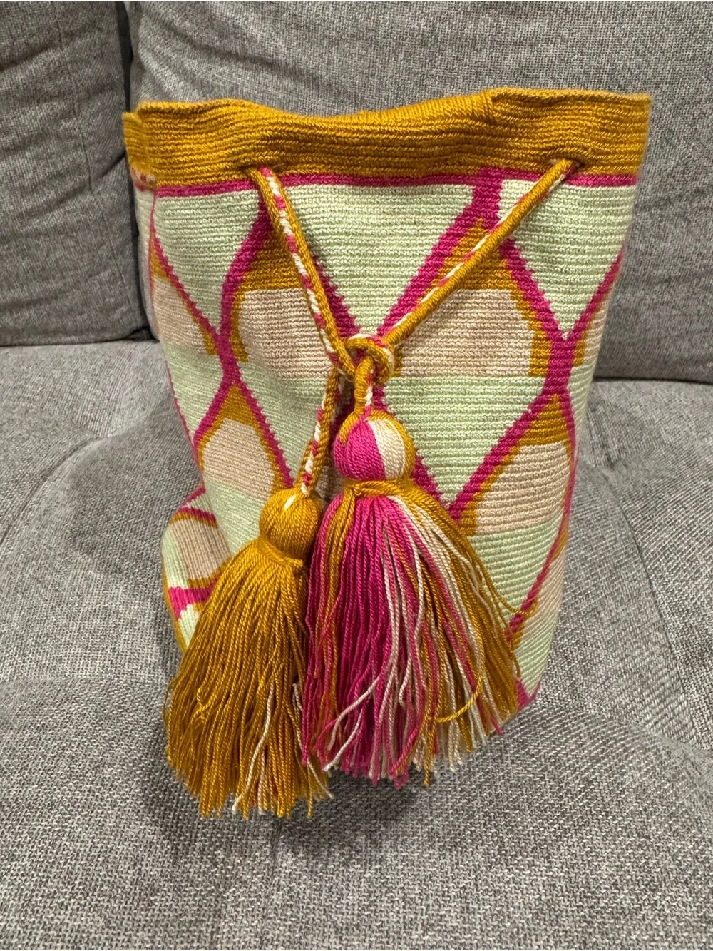 Handwoven Pink & Mint Geometric Shoulder Satchel